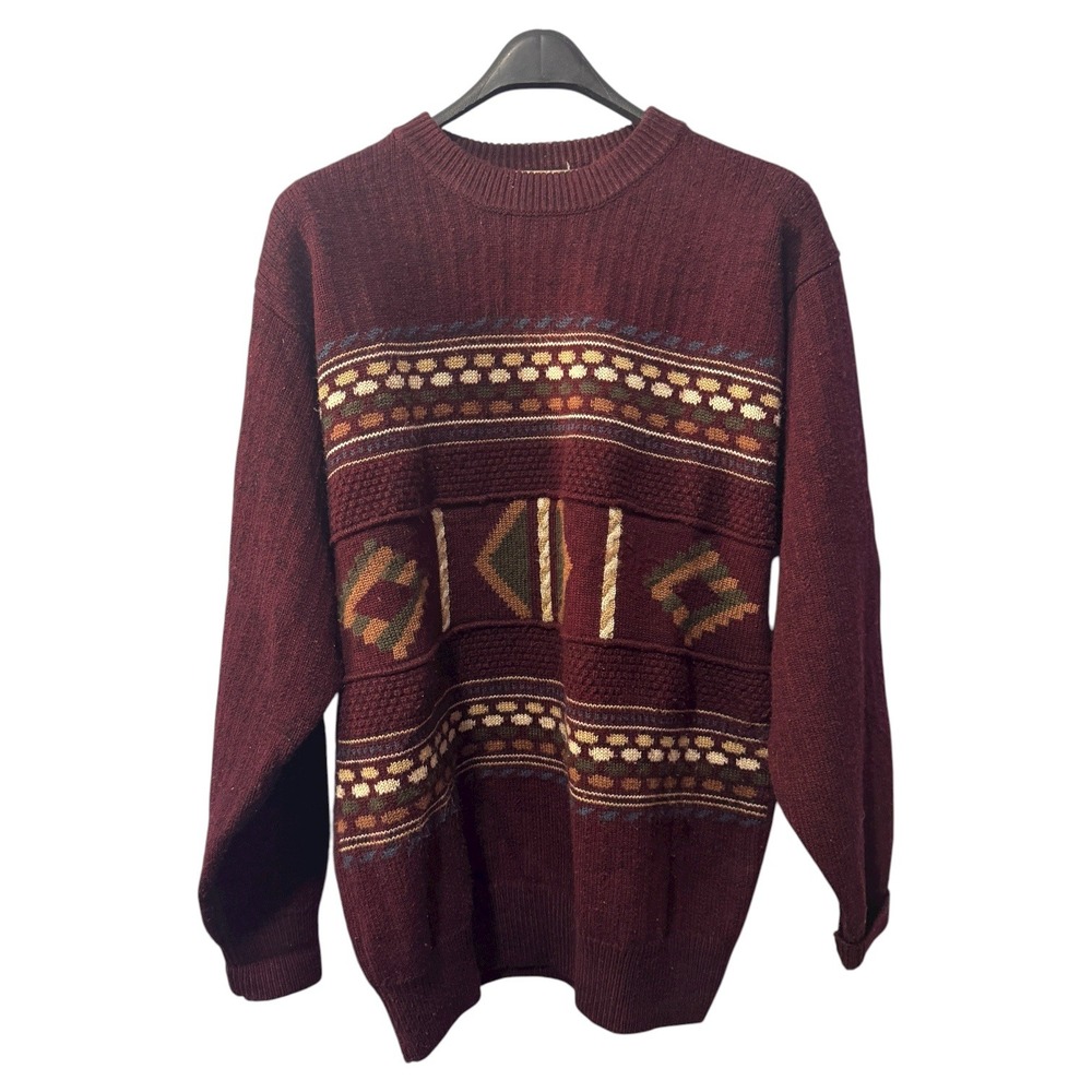 Vintage Wanziman Sweater‎ Mens XL Burgundy Patterned Knit Pullover